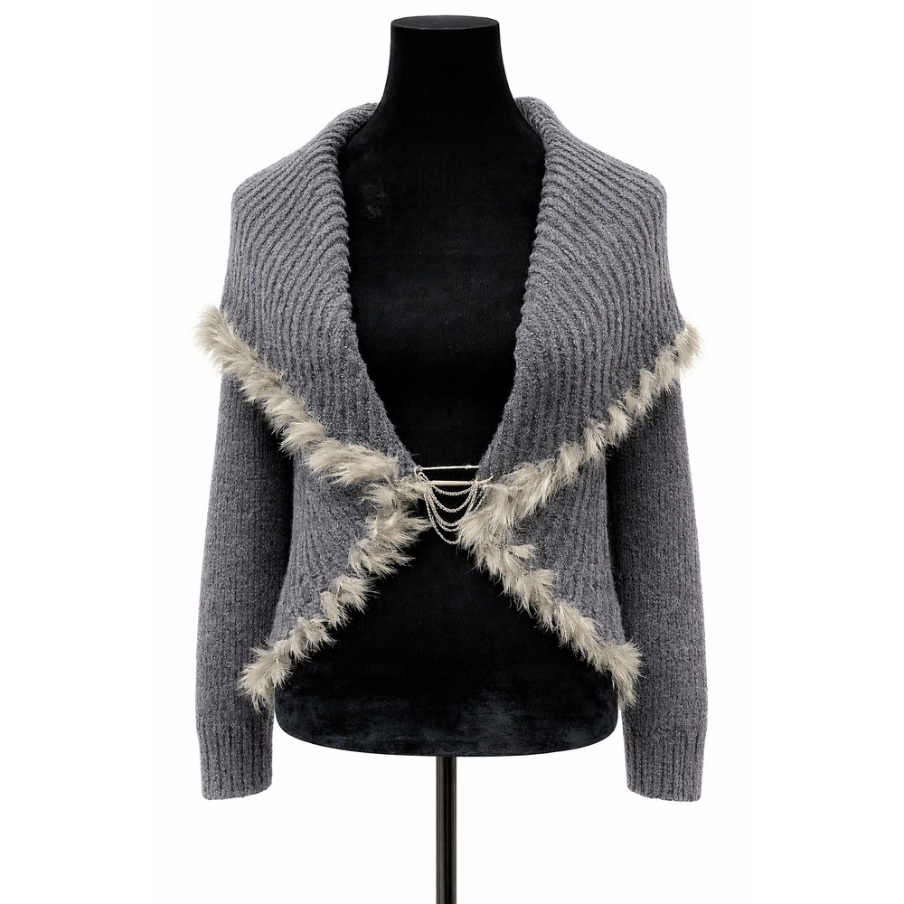 Vintage Cache Womens Shawl Collar Open Cardigan Size XS‎ Gray Knit Faux Fur Trim